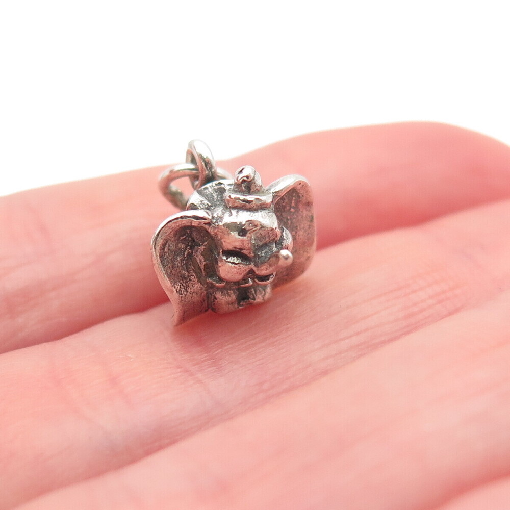 925 Sterling Silver Vintage Dumbo Elephant Oxidized 3D Mini Charm Pendant